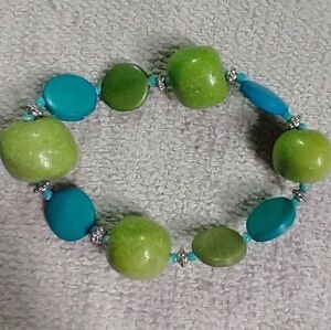Blue green beaded stretch bracelet
